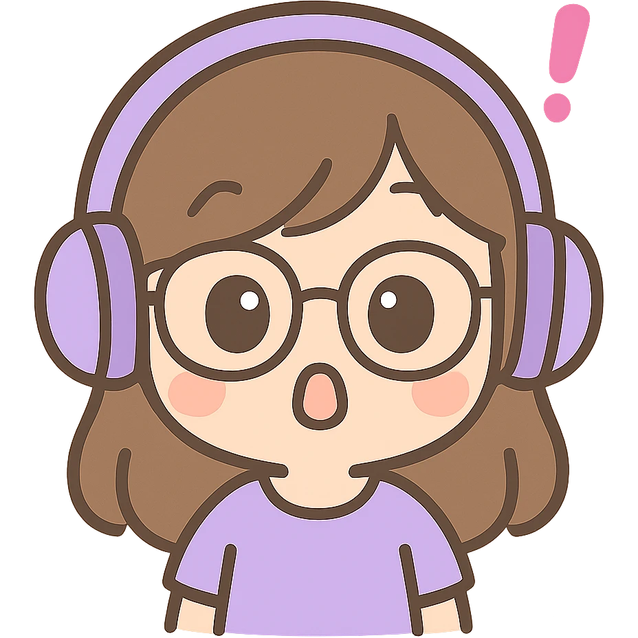 chibi style female brunette with glasses and a purple gaming headset, surprised facial expression emoji