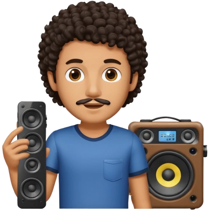 Boy with tanned skin, dark curly hair, a bit of a beard, and a music speaker in his hand. emoji