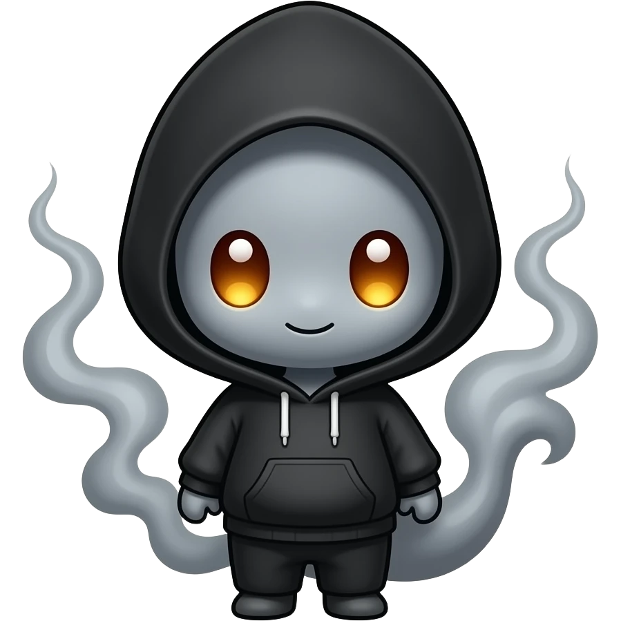 Animated Twitch emote of a cute smoky spirit mascot, chibi style, made of soft dark gray smoke, glowing warm eyes, wearing a black hoodie, transparent background, square format, subtle floating smoke movement, slight glow pulse, clean bold outline, high contrast, cute and expressive emoji