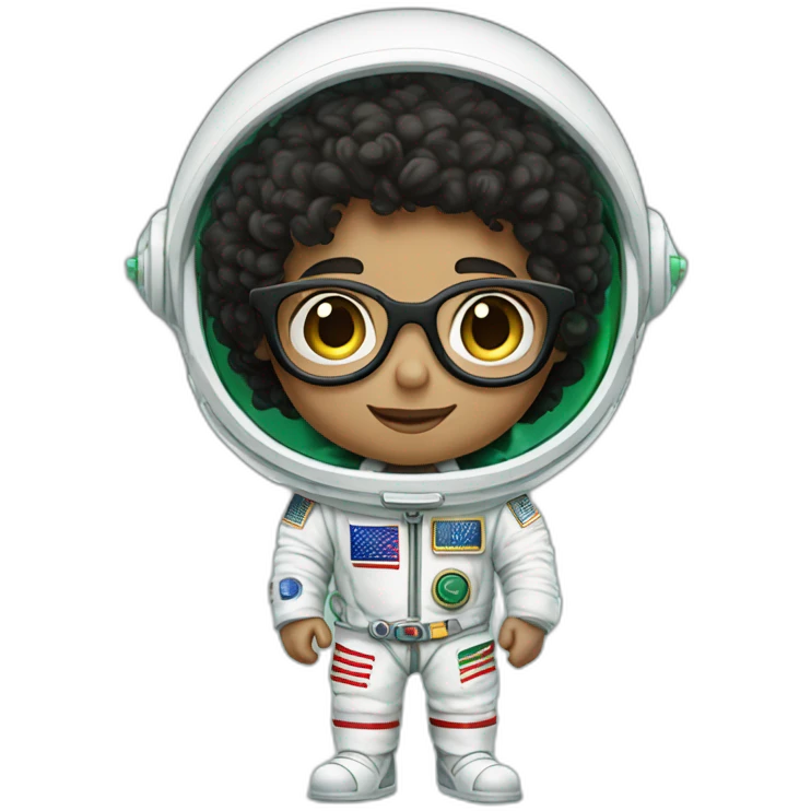 Light skinned Boy with black short curly hear and glasses wearing a white astronaut suit with the saudi flag emoji