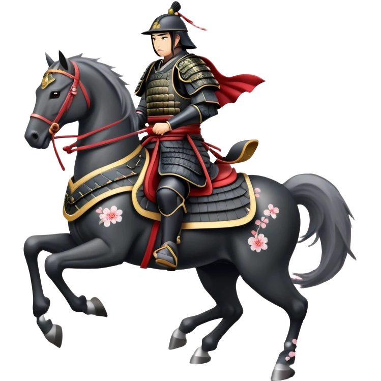 clash-of-clans-aesthetic_-cinematic-fearsome-and-majestic-samurai-bust-portrait-emoji, rendered in a flat, vector-style with minimal shading and bold, simplified shapes typical of emoji art, depicting a battle-hardened samurai with steely eyes and traditional black Japanese armor. The samurai is riding a noble grey warhorse adorned with an intricately designed saddle and fluttering banners, against a backdrop of cherry blossoms and a rising sun. a samurai on a   horse emoji
