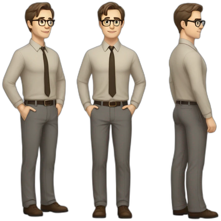Full height Pale skinned Fit Man With dark brown hair in gray jacket, beige office shirt, tie, Brown pants and vintage glasses. Thrumbs of his palms directed up emoji