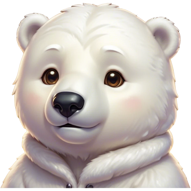 Cinematic Cute Polar Bear Portrait Emoji, Head tilted playfully and inquisitively, with a glossy, plush coat accented by a gentle, blushing muzzle and round, sparkling eyes, Simplified yet irresistibly adorable features, highly detailed, glowing with a warm, friendly polar glow, high shine, affectionate and lively, stylized with a touch of endearing charm, soft glowing outline, capturing the essence of a mischievous yet loving polar cub that feels like it could tumble out of the screen into your arms! emoji