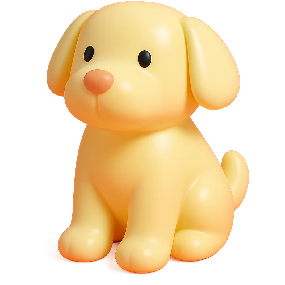               Transform {subject} into a soft vinyl figure with a smooth, glossy surface. The material should look slightly rubbery and tactile, with minimalistic curves and a matte-gloss hybrid finish. Use pastel or soft solid colors. The surface is seamless, with no visible textures or roughness. Studio lighting, vibrant background, clean, playful, designer toy aesthetic. {subject} = dog emoji