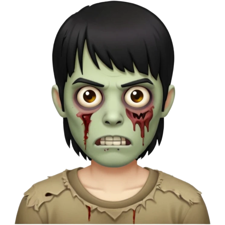 homem zombie de franja, cabelo preto, uma ponta maior da franja e o resto do cabelo picotado, cabelo médio e com piercing no septo emoji