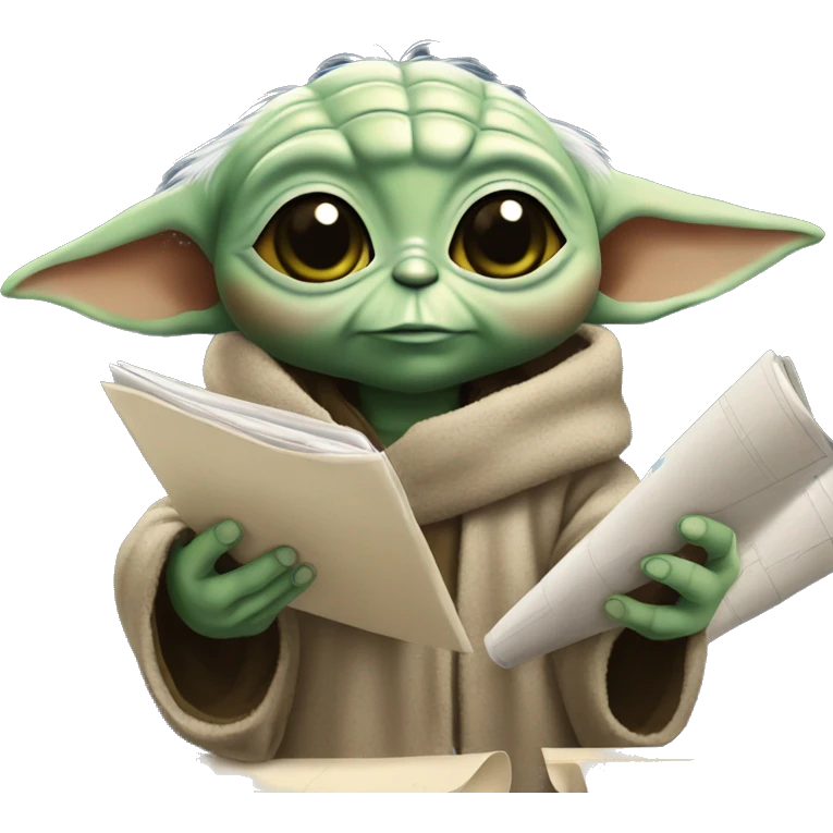 Baby Yoda is holding a smartphone, checking construction plans emoji