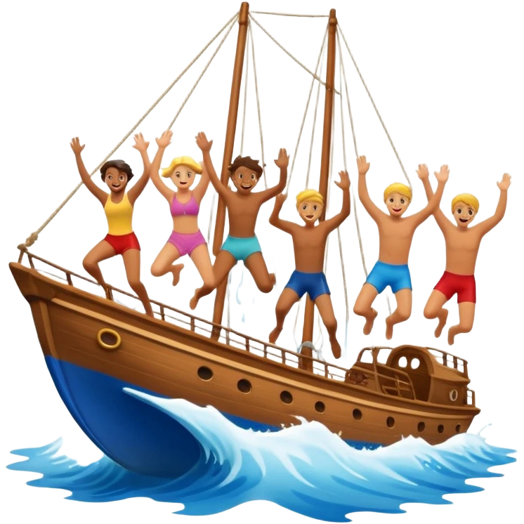 group of people jumping off a sailing ship into the ocean emoji