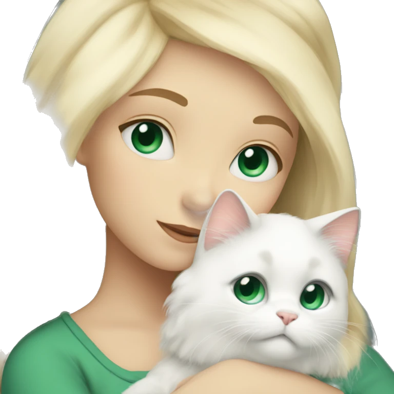 Blonde girl with blue eyes snuggling fluffy white cat with green eyes emoji