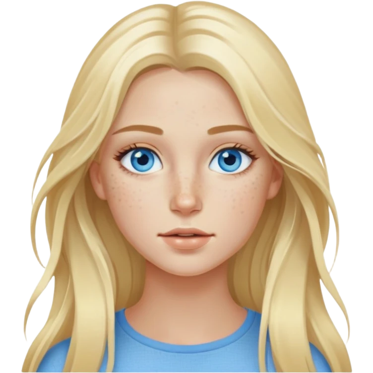 Blond model, with blue eyes, long hair , with freckles under her eyes emoji