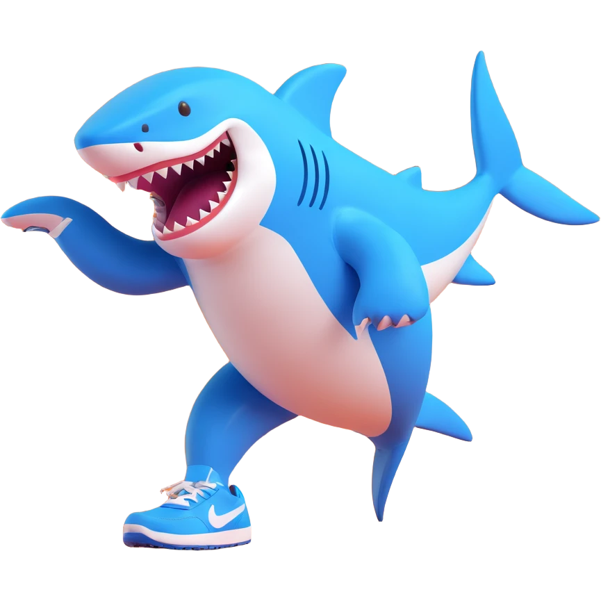 shark wearing blue Nike shoes, fun lively pose emoji
