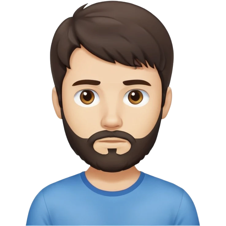 Argentine male with longer wavy dark brown hair reaching shoulders, wavy bangs, short complete beard, serious neutral face, wearing plain blue t-shirt emoji