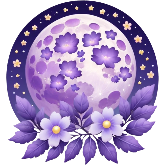 Beautiful poetic ethereal romantic magical aesthetic sparkly glittery shiny pretty floating pastel lilac lavender Violet full moon and flowers and leaves aesthetic pastel clouds scenery  emoji