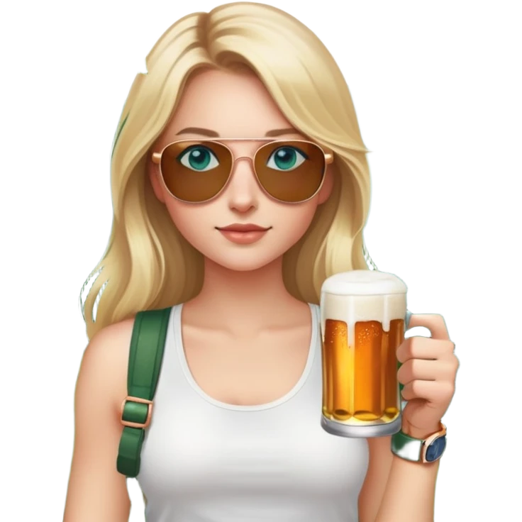 girl with long blond hair
with blue eyes
and aviator sunglasses
wearing white tank top 
holding a can of beer
wearing (rose gold apple watch with forest green band) emoji