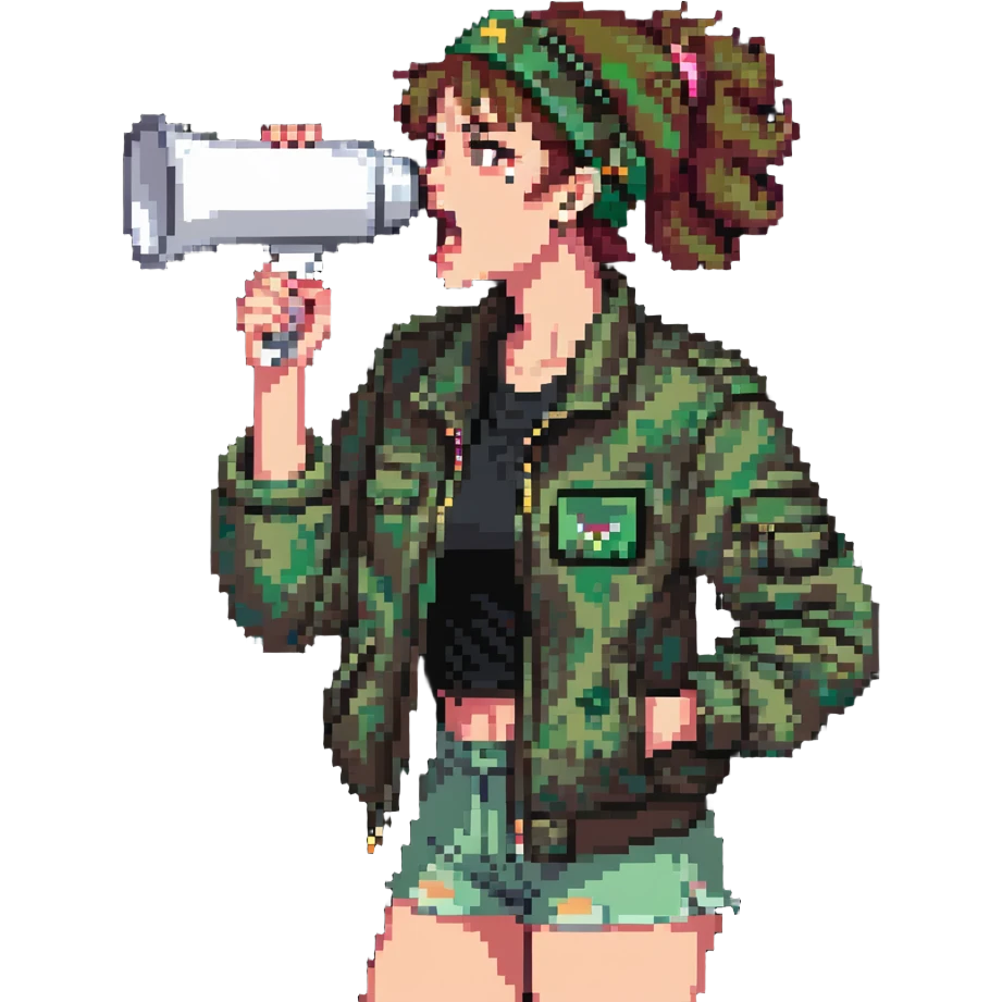 woman with green headband, camo jacket, holding a megaphone, angry expression emoji