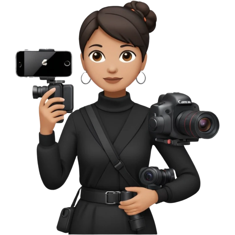 middle aged woman photographer with dark hair in a bun, wearing black clothes, carrying a canon r5 and an iPhone on a gimbal emoji
