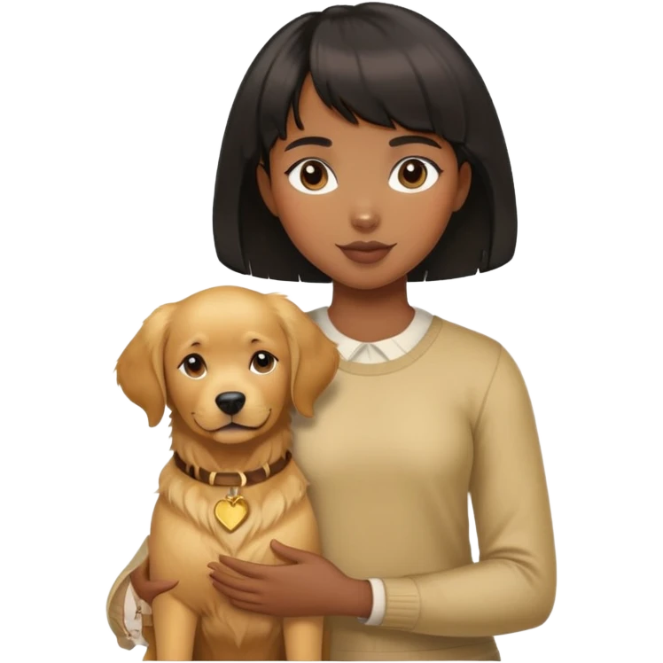 A black girl with short bangs holding a golden retriever emoji