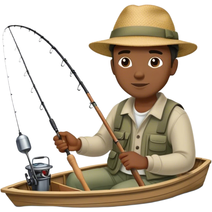 Black man fishing on the lake with a hat on, you can see the water and he is on a boat  emoji