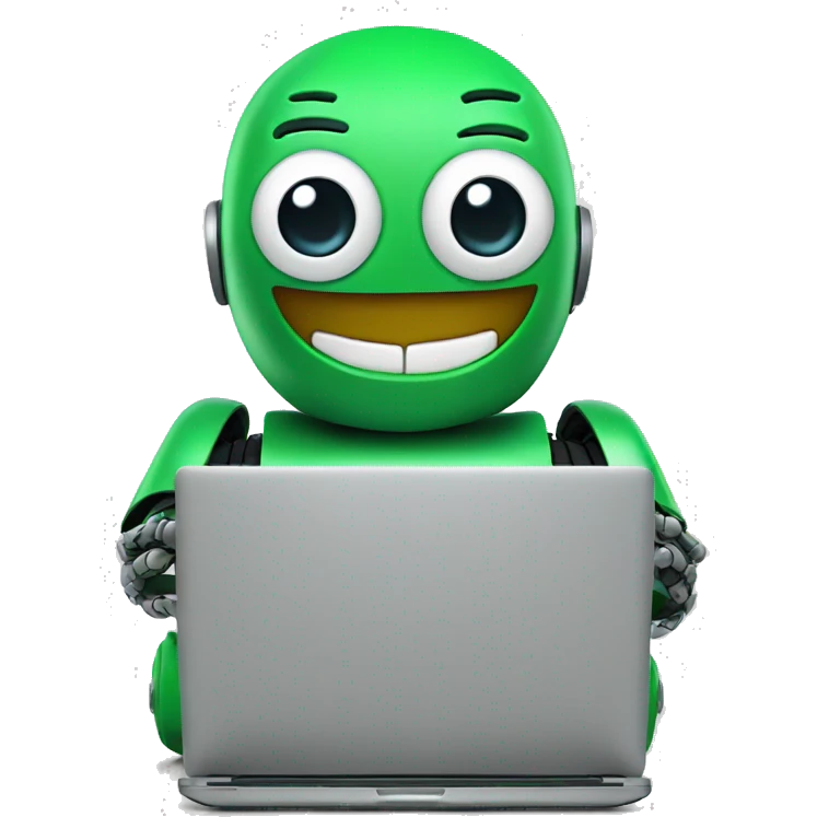 happy robot in laptop wearing green t-shirt emoji