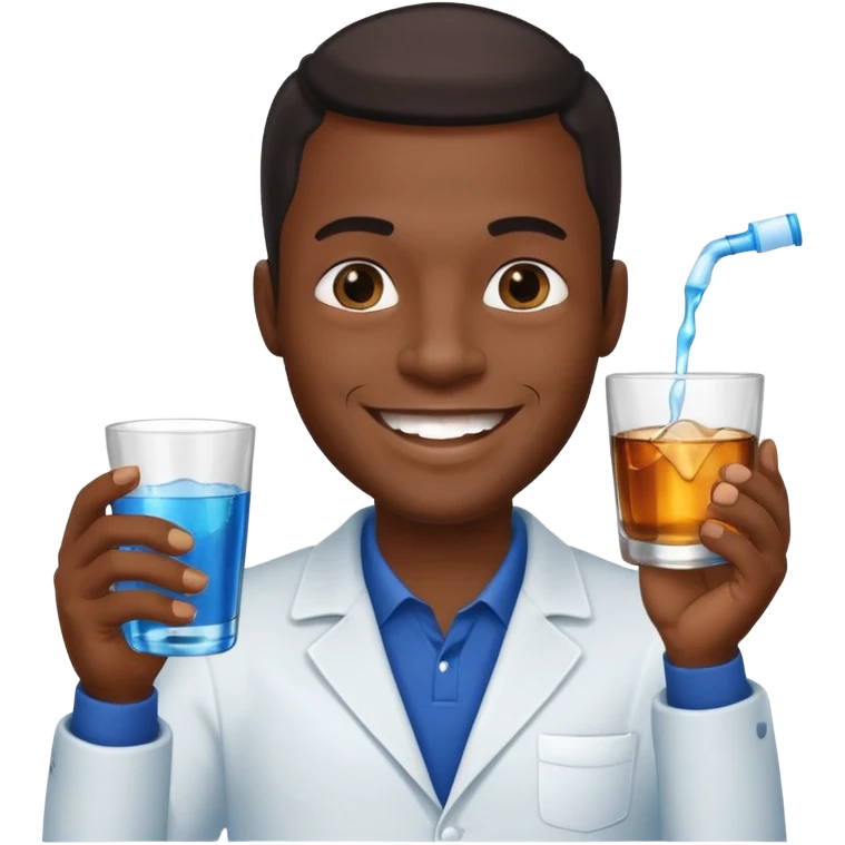Smiling Black man, one hand with dark blue mouthwash, other with a cup of whiskey, sparkling teeth, black background emoji