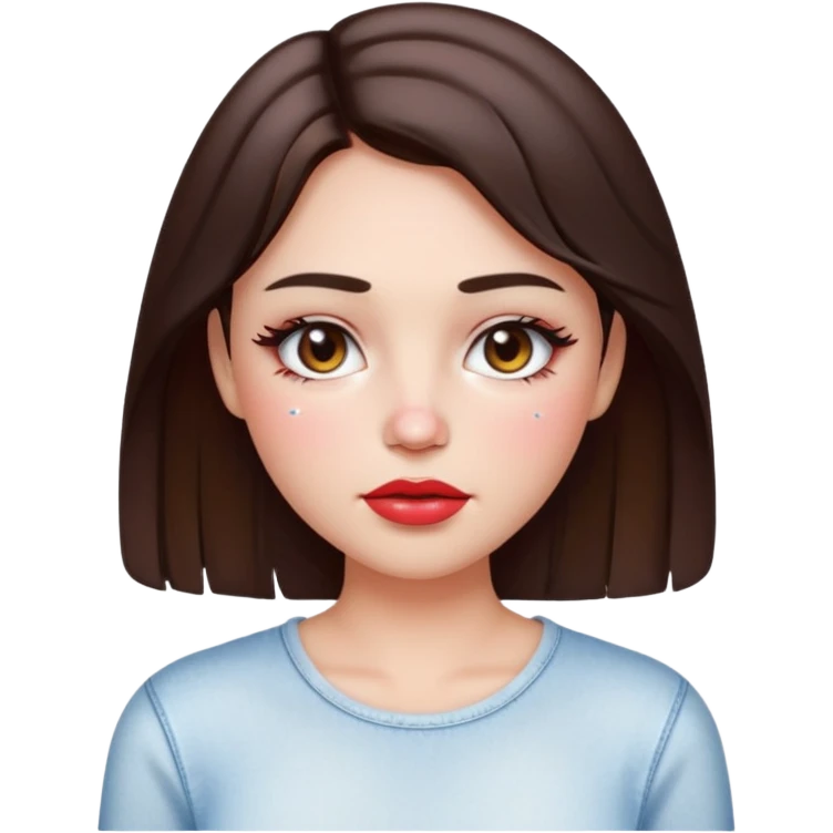 “Emoji brunette girl white top, dewy skin, heavy blush across cheeks and nose bridge, glossy cherry lips, soft eyeliner, teary sparkling eyes like hanni from new jeans emoji