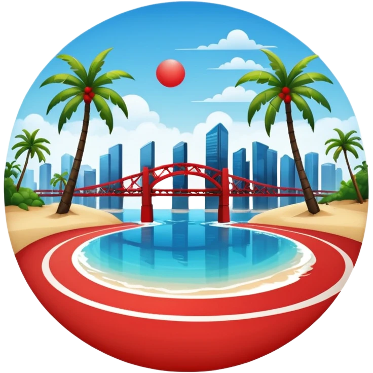 a circle island with modern buildings, a beach with palm trees in the front. also, a red bridge behind.  emoji