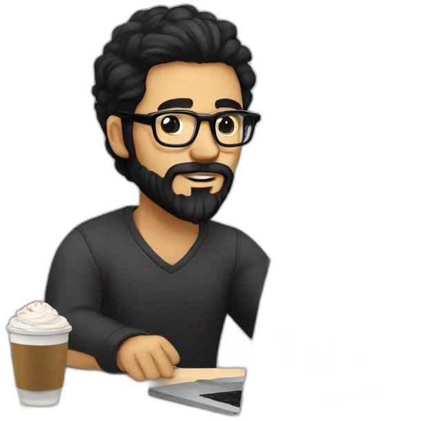 Designer with black hair, beard and glasses working with MacBook and drinking cappuccino  emoji