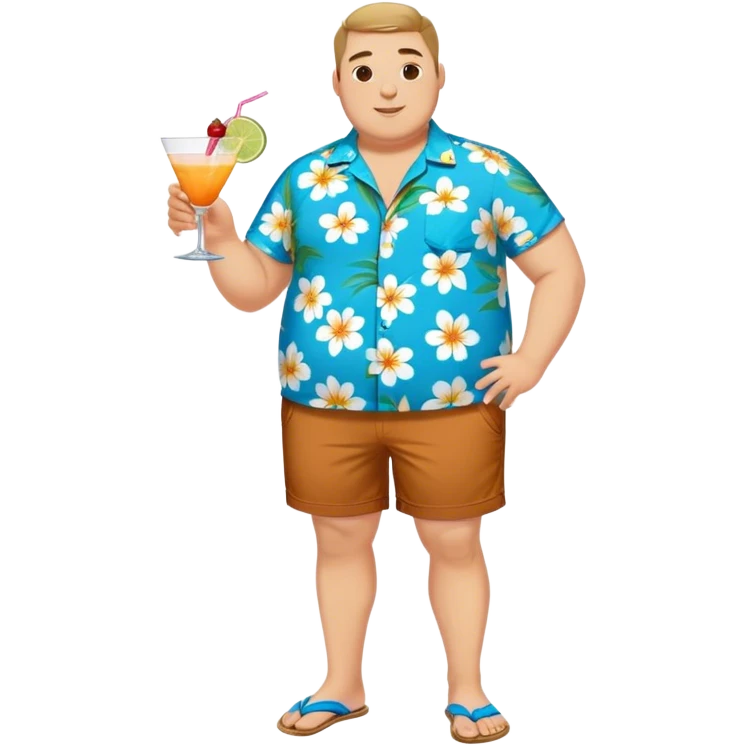 chubby guy full figure in a flowered azure havai shirt, brown shorts and flippers holding a cocktail emoji
