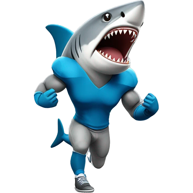 grey shark mascot, wearing blue football jersey, flexing emoji