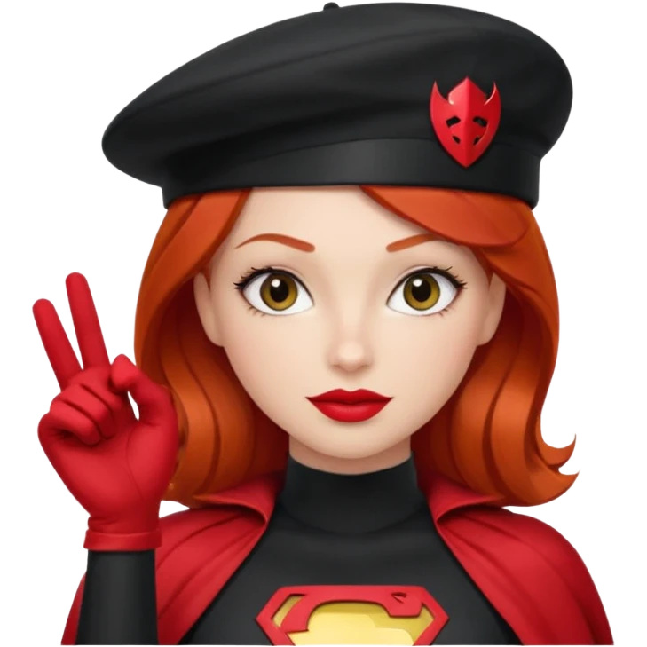 Uma ruiva feliz com batom vermelho com roupa vermelha tipo heroína, com uma boina preta, e uma cara mais “seria” fazendo pose com a mão. emoji