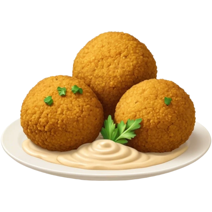 Cinematic Realistic Falafel Dish Emoji, depicted as crispy, golden falafel balls served with tahini sauce rendered with lifelike textures and vibrant, appetizing lighting. emoji