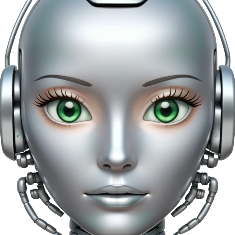 Gorgeous female intricate robot face silver with green eyes emoji