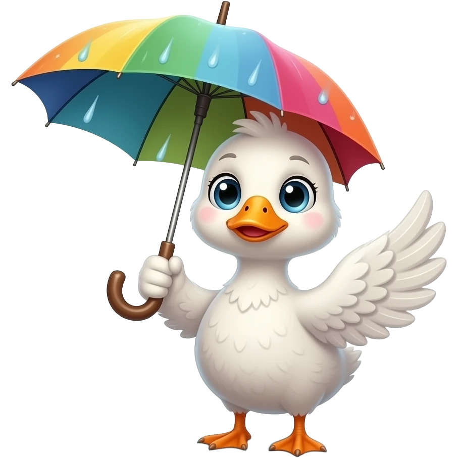 can you make a cute anime-style goose holding an umbrella in the rain. The goose has soft, fluffy white feathers, large expressive eyes with subtle highlights, and a small orange beak. It stands upright, gently gripping a colorful umbrella with one wing. Raindrops fall softly around it emoji