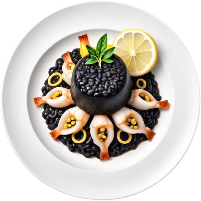 cinematic-realistic-black-risotto-dish,-showcasing-lagre squid pieces-rendered-with-bold-textures-and-dynamic,-dramatic-lighting in a white plate with a grilled lemon on top emoji