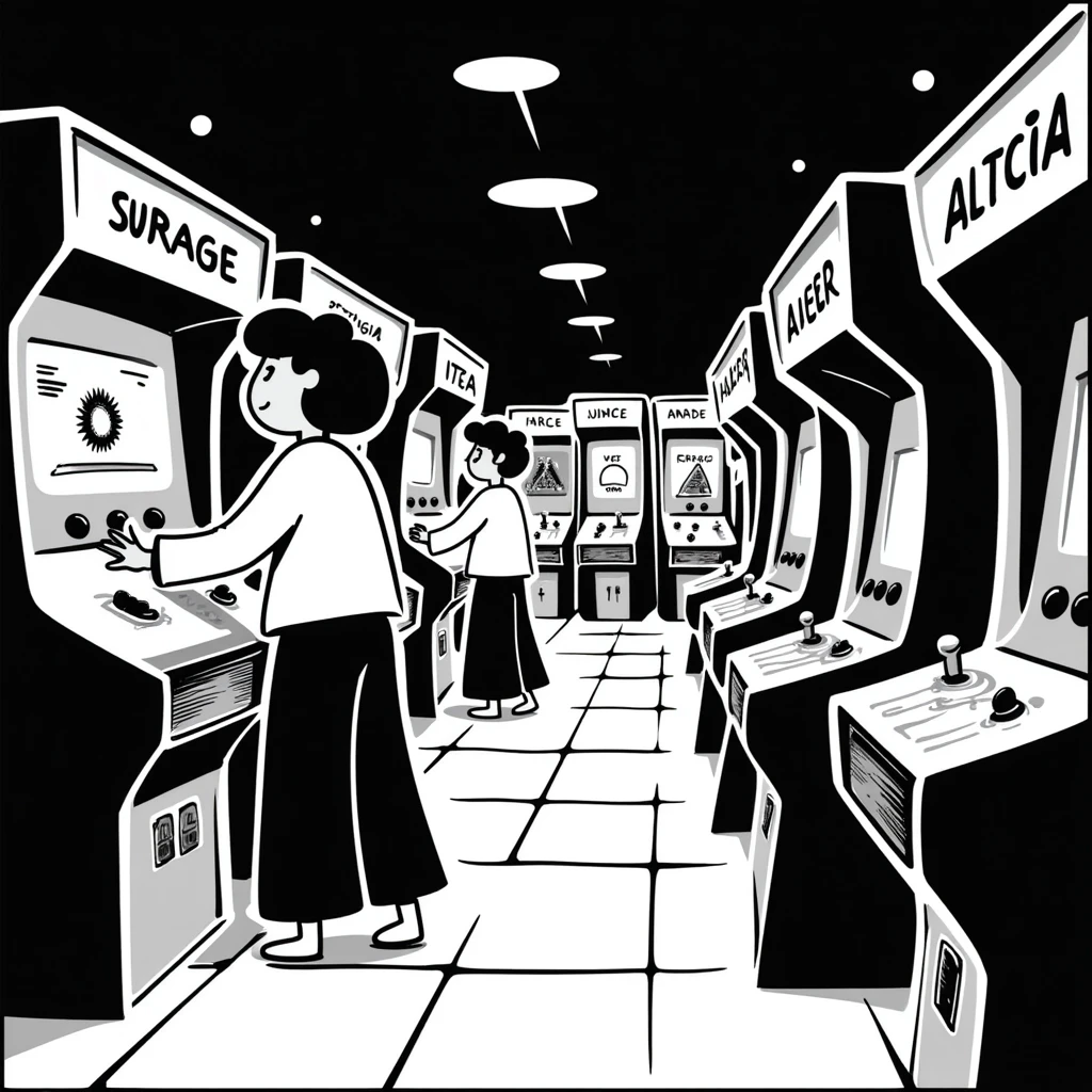 An 80s arcade with glowing machines and neon flooring emoji