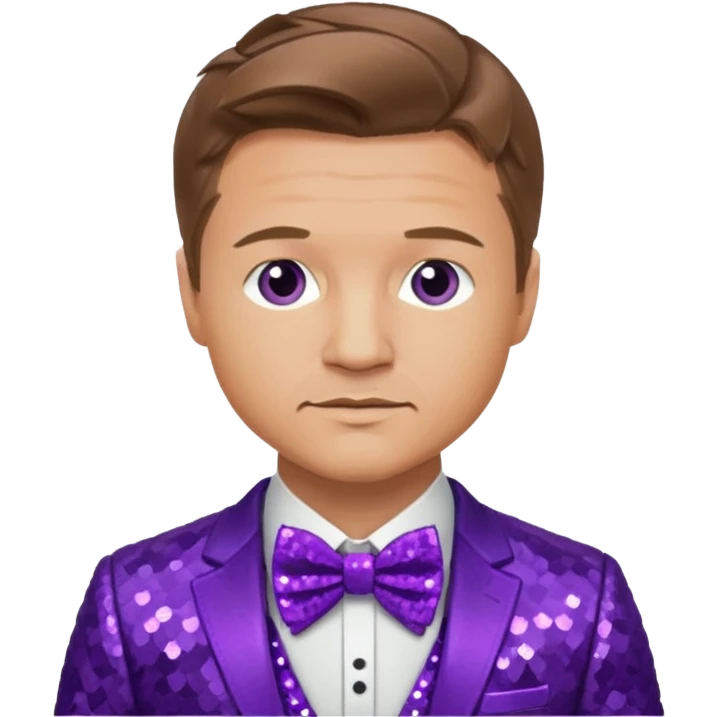 Jeremy Renner with light brown hair, purple sequin suit with bow tie emoji