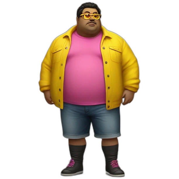 fat man with dark hair,a vibrant long yellow coat, pink glasses, short jeans shorts. Show full lenght peson, person fighting as superhero emoji