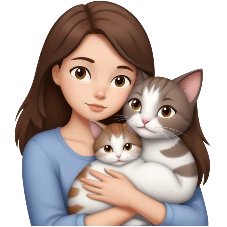 a brunette girl with brown mid hair snuggling a gray white cat emoji