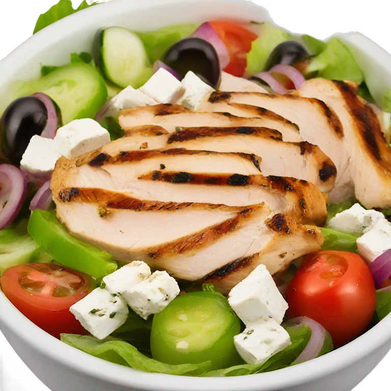 a bowl of greek salad with grilled chicken  emoji