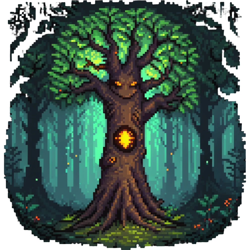 mystical tree with glowing eyes in the trunk, fantasy forest emoji