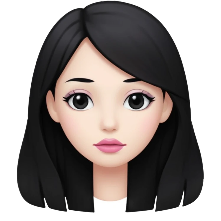 hair long black normal hair with black eyes, and white skin, white pinkish lip  emoji