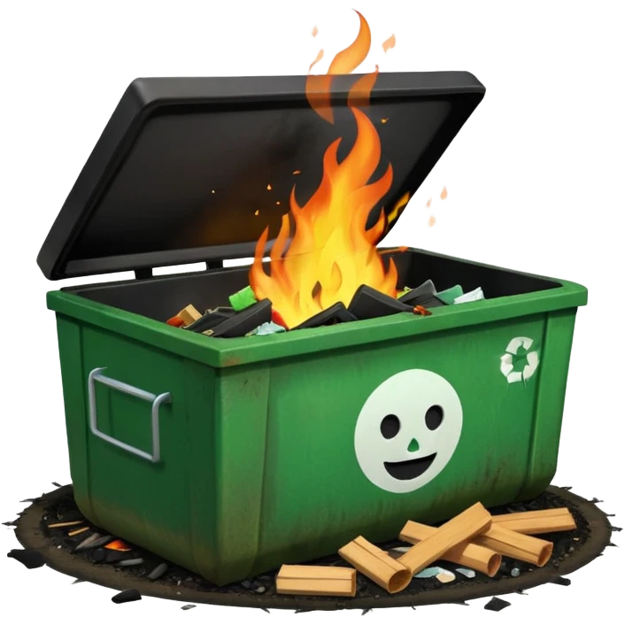 Green happy dumpster with an open black lid and a fire burning only inside it. there is litter and trash on the ground around it not burning emoji