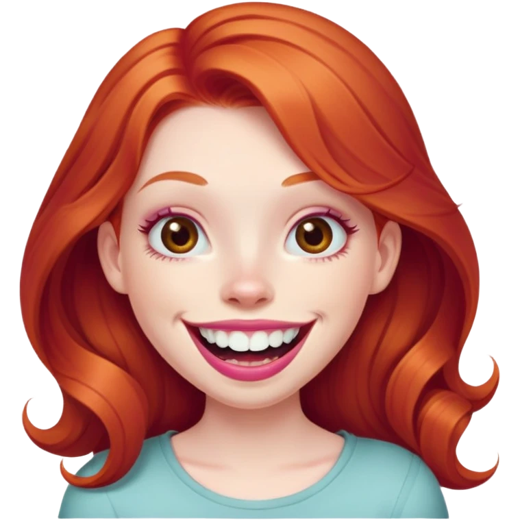 Young girl with pale skin, full pink lips smiling with big teeth, ginger red hair (very long), bigger nose, deep brown eyes (less green), big mouth emoji