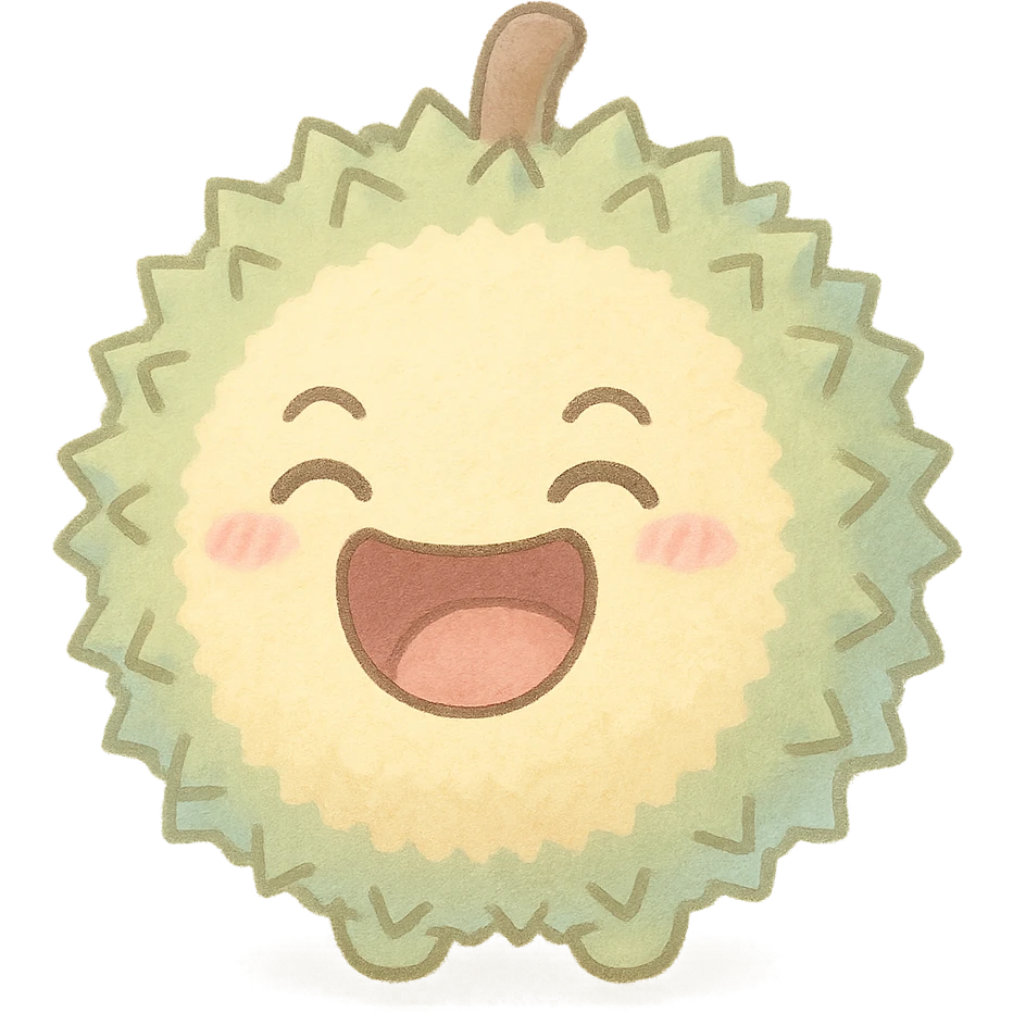chibi style round durian character, green spiky shell, yellow flesh, soft fluffy, laughing, eyes closed, mouth wide open, soft pastel palette, full-body emoji