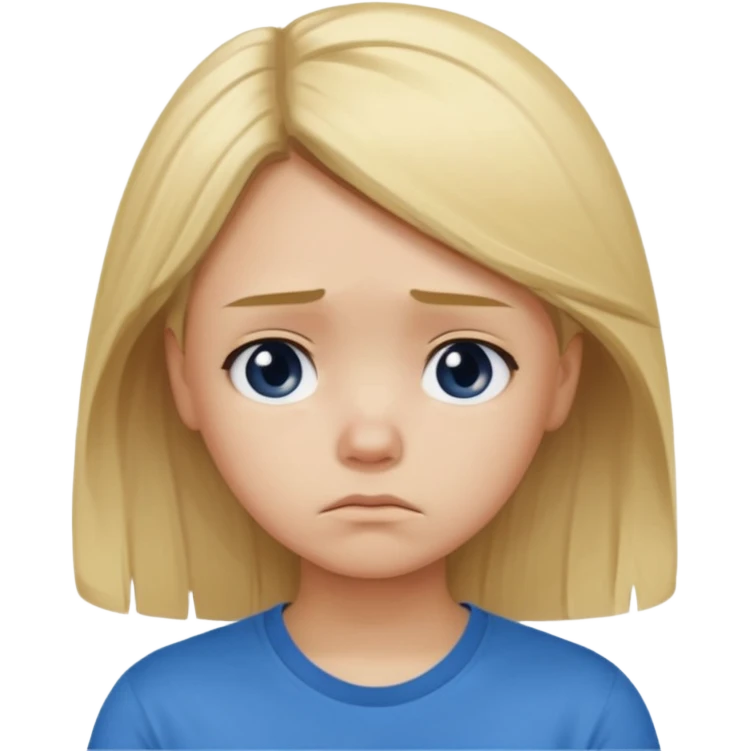 Young girl with blonde hair and a blue T-shirt, looking sad and discouraged emoji