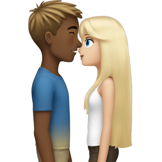 Girl with long back hair with bangs and tan skin kissing boy with blonde hair blue eyes and white skin emoji
