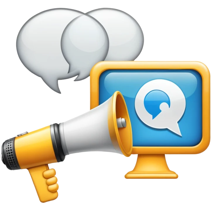 An icon featuring a megaphone, a billboard, and a handshake, symbolizing advertising and public relations. The design includes a speech bubble and media icons, representing communication and brand messaging. Transparent background highlights the influence of PR and marketing strategies. emoji