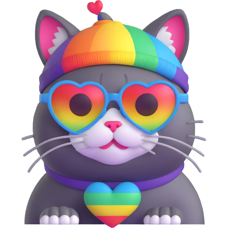 cat wearing a rainbow beanie and heart-shaped sunglasses emoji