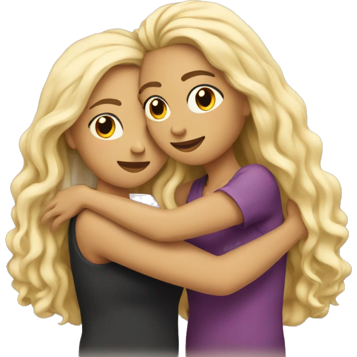 Woman with long straight blonde hair hugging a woman with long curly black hair  emoji