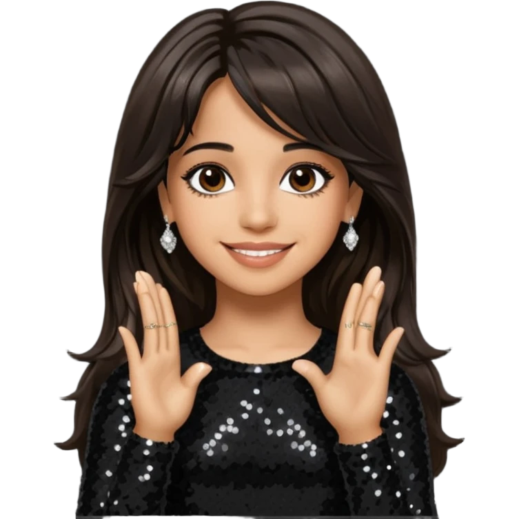 Camila Cabello from Fifth Harmony with long dark brown hair, black sequin outfit emoji