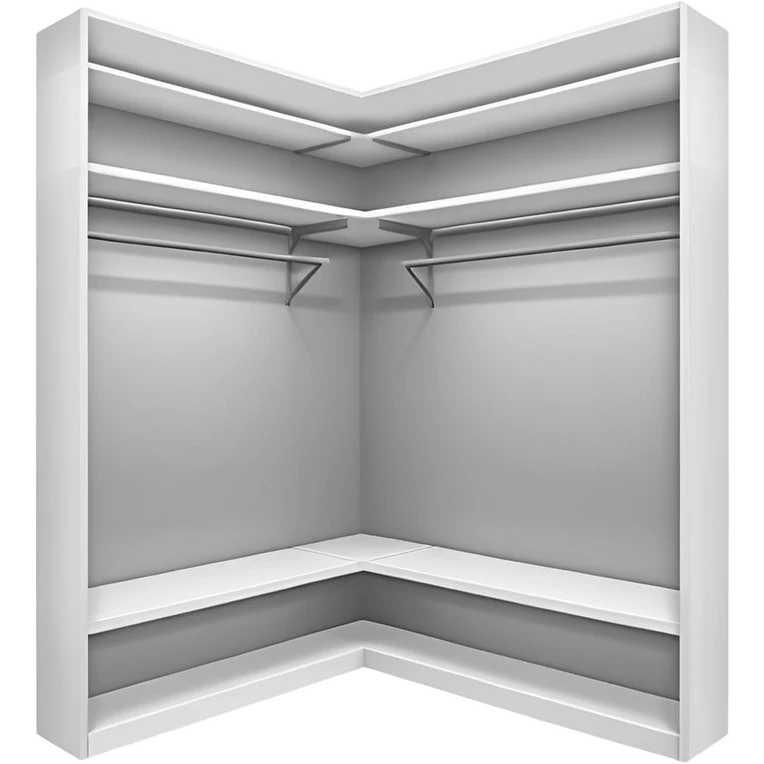 Glossy white PVC corner closet with L-shaped design, fitted into a sharp room corner. Clean, simple shelves and smooth panels with subtle shadows to show depth. Minimalist look with modern vibes, no handles or textures, emoji-style with bright highlights and soft gray edges to define structure. emoji